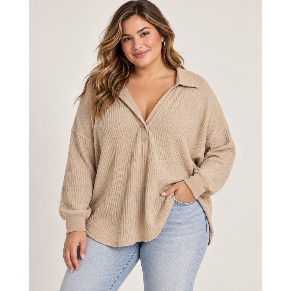Torrid Womens Plus Size 4 2XL Beige Waffle Knit Collared V-Neck Top Cozy